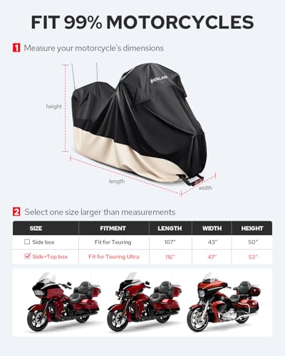 Benlari Motorcycle Cover Waterproof with Side Top Box Compatible with Harley Davidson Touring Ultra Limited Street Glide Road Glide Electra Glide Outdoor All Weather Protection, XL,116" x 47" x 53" - size: XL (116" x 47" x 53"), style: Touring Ultra