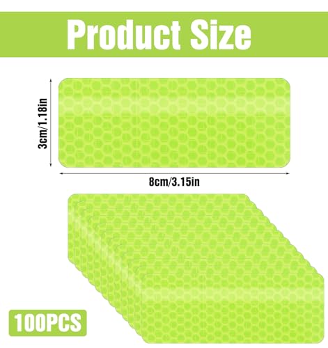 100 Pcs Reflective Stickers, Reflective Stickers Outdoor Waterproof Self-Adhesive Stick on Green Reflectors Sticker for Bike Helmet Car Motorcycle Night Riding, Fluorescent Green 1.18" X 3.15"