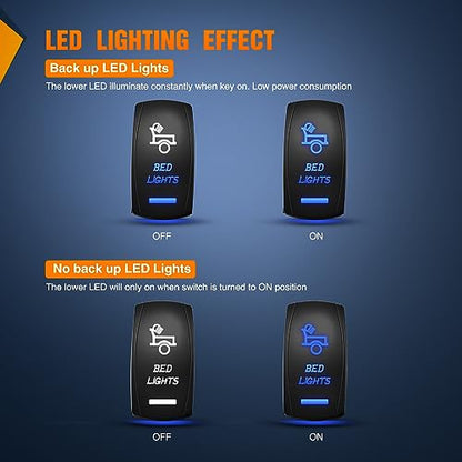 Nilight Bed Lights Rocker Switch Led Light Bar 5 Pin Laser On Off SPST switches 20A/12V 10A/24V for Truck Pickup Rock Cars Boats Cargo Camper Van RVs - size: BED LIGHTS