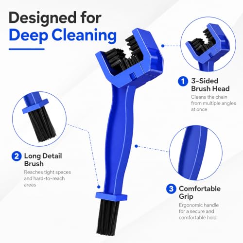 Motorcycle Bicycle Chain Cleaning Brush, Blue, 360° Deep Cleaning Power, Cleans All Three Sides Simultaneously