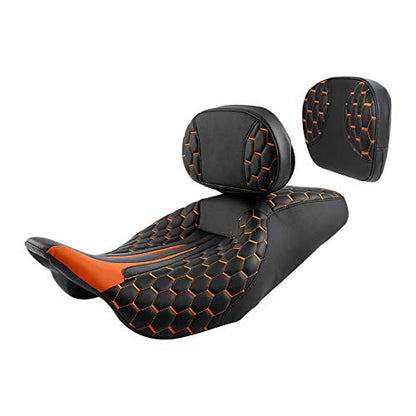 C.C. RIDER Touring Seat Sissy Bar - Passenger Backrest Driver Passenger Sissy Bar for Harley Davidson Touring Road King Street Glide Road Glide Electra Glide CVO 2009-2023 - color: Black Orange Rider Seat + Backrest