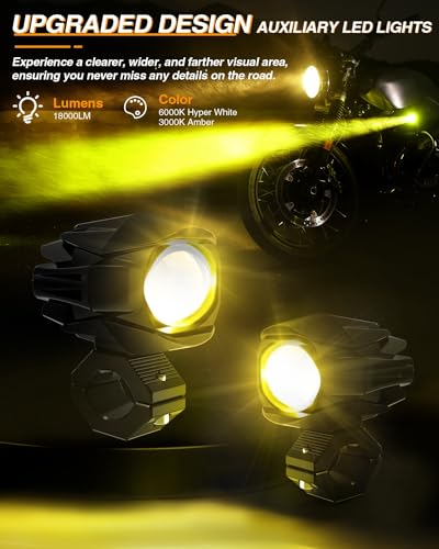 BraveWAY Motorcycle Fog Lights 60W 18000LM 9 Modes Strobe LED Driving Spotlight Auxiliary with Amber White Dual Color Offroad Aux Light Plug and Play Wiring Harness Kit and 2 Mounting Brackets - color: Moto-F1-1 LENS