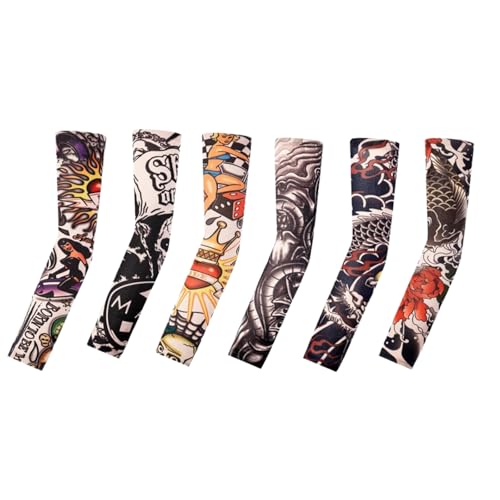 Tattoo Sleeves for Men Women Sun Protection UV Compression Arm Sleeves Breathable Skin Cover for Outdoor Sports - color: 010-6pc