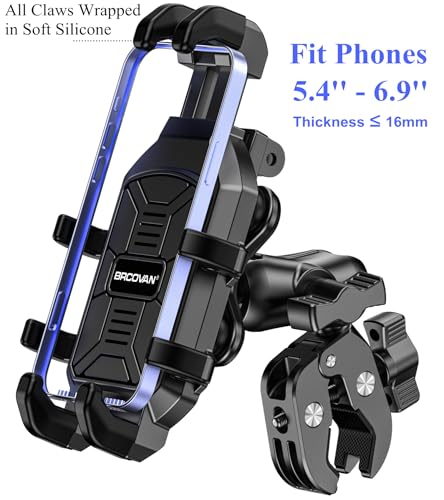 BRCOVAN Anti-Shake Motorcycle Phone Mount Holder with Vibration Dampener | Fit Handlebars 0.5'' to 1.5'' in Diameter, Adjustable Cellphone Clip for Bike Bicycle Scooter ATV, Fit 5.4-6.9'' Smartphones