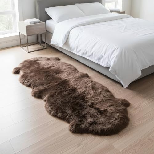Natural & Genuine Dark Brown Sheepskin Rug, Real Fluffy Double Pelt 2x6 ft Fur Area Rug for Bedroom & Living Room Decor, Soft & Cozy Sheep Skin Throw - color: Brown, size: 2' x 6' (Natural)