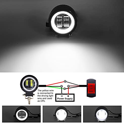 Ourbest Motorcycle Fog Lights with Switch,3inch Motorcycle auxiliary lights, Halo Round led lights, luces exploradoras para moto pair(White Beam with White Ring)