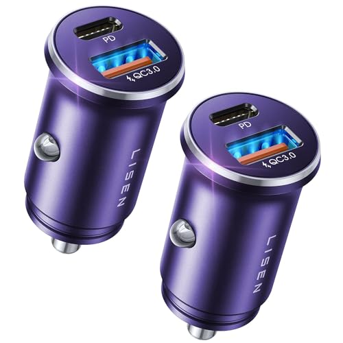 LISEN USB C Car Charger Adapter [2 Pack] [Mini & Metal] Cigarette Lighter USB Charger Fast Charging [PD QC 3.0] USBC Car Phone Charger for iPhone 15 Pro Max Plus 14 Samsung Galaxy S23 iPad Pro, Purple | Cigarette Lighter Charger, USB C Car Charger Fast Ch