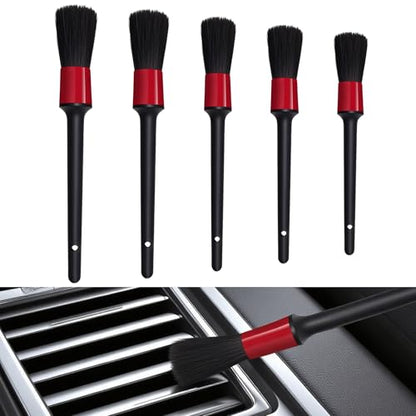 Car Detailing Brush Set, Car Detailing Kit, 5 Different Size Boar Hair Mixed Fiber Plastic Handle Auto Detail Brushes, Auto Interior Cleaning Tool for Leather Seat Wheels Engine Air Vent