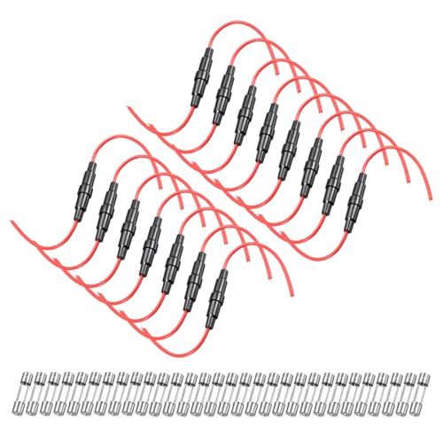 uxcell 15 Pcs 5x20mm Inline Screw Type Fuse Holder 20 Gauge AWG Red Wire with 30 Pcs 10A Fast Blow Glass Fuses - size: 20awg,5x20mm