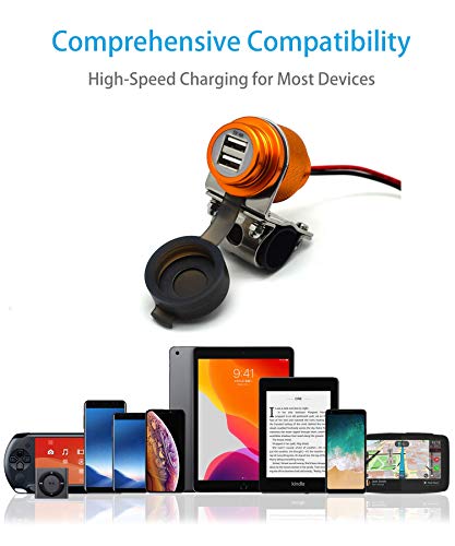 Cliff Top Motorcycle USB Charger Waterproof Dual USB Port 4A 20W Aluminium, with Magnetic Power Switch Heavy Duty for 7/8’’ and 1’’ Handlebars - Prevents Battery Drain (Golden) - color: Golden