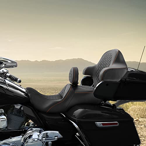 C.C. RIDER Seat & Rider Backrest & Passenger Backrest Pad Diamond 2-Up One-Piece Sissy Bar fit for Harley Touring Road King FLHR Street Glide FLHX Road Glide FLTRX 2014-2023 - color: 04# Brown+ Rider/ Passenger Backrests