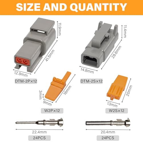 Deutsch DTM Grey 2 Pin Connectors 12 Sets, Waterproof Electrical Wire Connector with Stamped Contacts and Seal Plug for Truck, Off-Road Vehicles, Construction, Agriculture, Marine, Motorcycle Wiring - size: 2Pin-12 Set