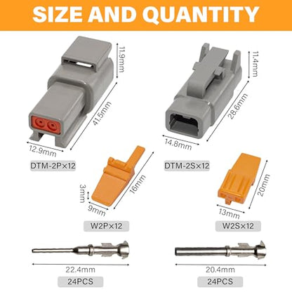 Deutsch DTM Grey 2 Pin Connectors 12 Sets, Waterproof Electrical Wire Connector with Stamped Contacts and Seal Plug for Truck, Off-Road Vehicles, Construction, Agriculture, Marine, Motorcycle Wiring - size: 2Pin-12 Set