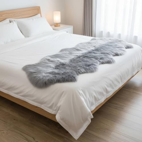 Super Area Rugs Premium Silver Gray Sheepskin Rug Genuine Double 2x6ft Pelt Fluffy Fur Rug for Bedrooms - color: Silver Gray, size: 2' x 6' (Natural)