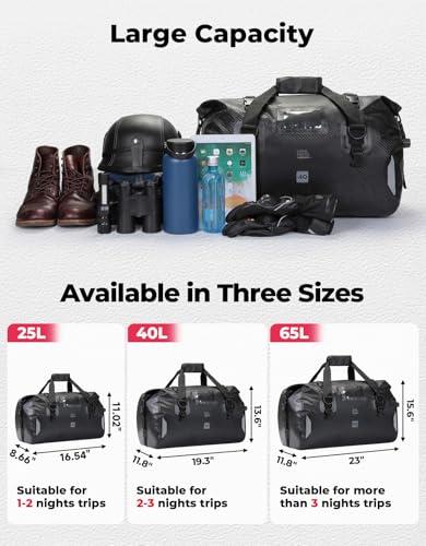 KEMIMOTO Waterproof Motorcycle Dry Bag – Duffle Tail Bag Soft Luggage, 25L/40L/65L Large Capacity with 4 Quick-Release Straps, Dustproof for Touring, Adventure, Motorcycling & Camping Black - size: 40L