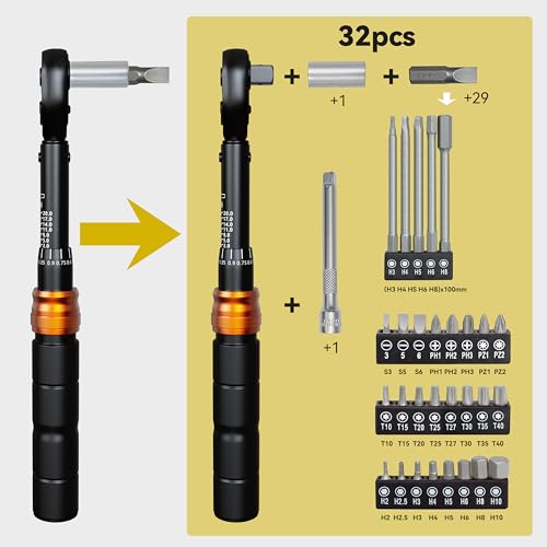 Bike Torque Wrench Bit Set, 1/4-Inch Drive, 2-20 Nm Micro Adjustment, 32-Piece Repair Tool Kit for Road, Mountain & Dirt Bikes, MTB, Cycling, Compact Zip Pouch - size: 32-Piece