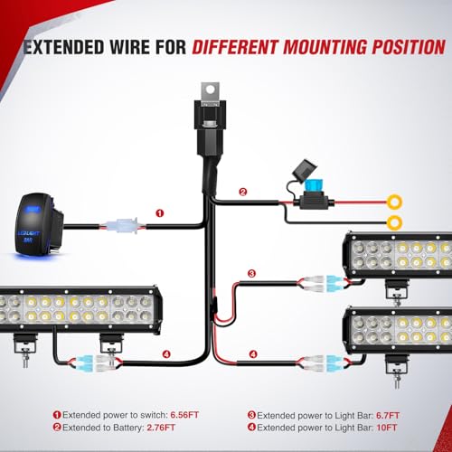 Nilight 16AWG LED Light Bar Wiring Harness Kit 12V On Off 5Pin Rocker Switch Laser Waterproof Toggle Power Relay Blade Fuse for Cars Boat ATV Trucks - 3 Leads Bule - color: 16AWG Wiring Harness-3 Leads