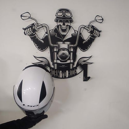Handmade Metal Skull Wall Decor Hanger – “Born To Ride” Motorcycle Helmet and Jacket Rack – Black Steel Wall Art, Gift Harley Garage, Bikers and Motorcycle Lovers (61X69cm/24X27 Inches) - size: 61X69cm/24X27 Inches