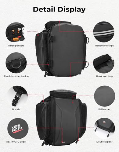 KEMIMOTO Tail Bag 18-22L Expandable Sissy bar Compatible with Can-Am Ryker 900/600/Sport/Rally Edition, 1680D Oxford+PU Leather Waterproof/6 Adjustable Straps,Luggage Seat Travel Rear Rack Bag