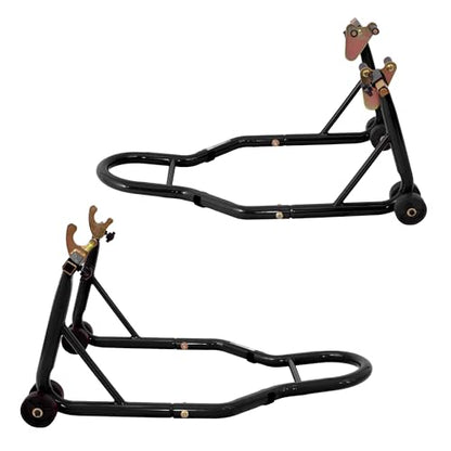 Motorcycle Front and Rear Stand Combo 850 lb Capacity Universal Paddock Stand with Adjustable Fork Widths Heavy Duty Wheel Lift Stand for Sport Bike Cruiser E-Bike