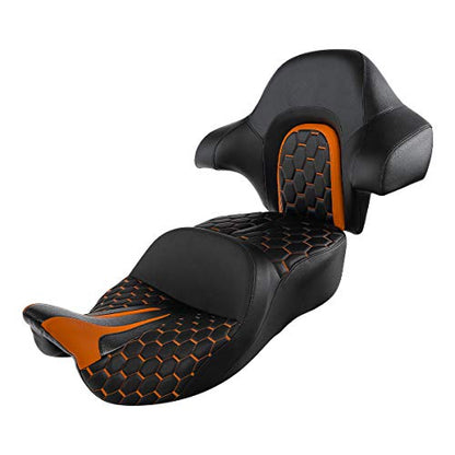 C.C.Rider Driver Passenger Seat with King Tour Trunk Backrest Pad Fit for Harley Touring Road FLHR Street Glide FLHX FLTRX FLHT 2014-2023 - color: Black+Orange Set