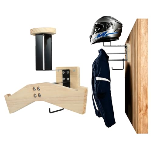 Wall Mount Helmet Holder, Motorcycle Cap Gear Rack, Pine Wood & Iron with Hook, Multi-Purpose Display Hanger for Jackets, Hats