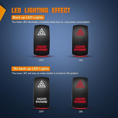 Nilight Hazard Warning Rocker Switch 5 Pin Laser On Off SPST switches 20A/12V 10A/24V Red LED Light Emergency w/Jumper Wires Set for Cars Trucks Boats ATVs UTVs RVs - size: HAZARD WARNING