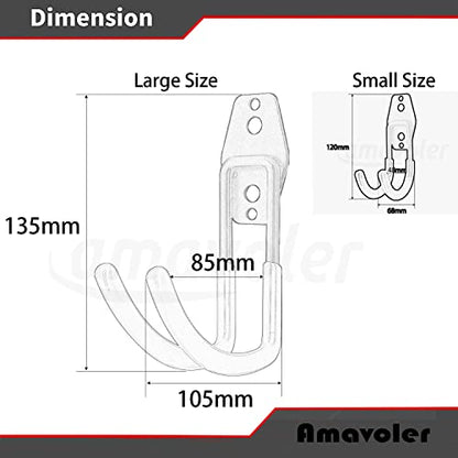 Wall Mount Helmet Holder Black, 2 Large Double Iron Curved Hooks with Mounting Screws. Ideal for Harley, Honda, Kawasaki Helmets - size: Large Hook x2