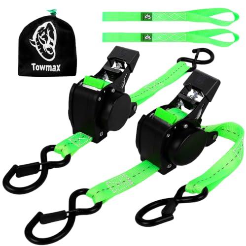 Retractable Ratchet Straps (Patented-2pack) - 1 inch x 10Feet (1,800lb Break Strength) Auto Self Retracting Tie Down Straps - Self Retractable Straps with Refletcive for Motorcyle, Truck or Cargo - color: Green, size: 2-Pack