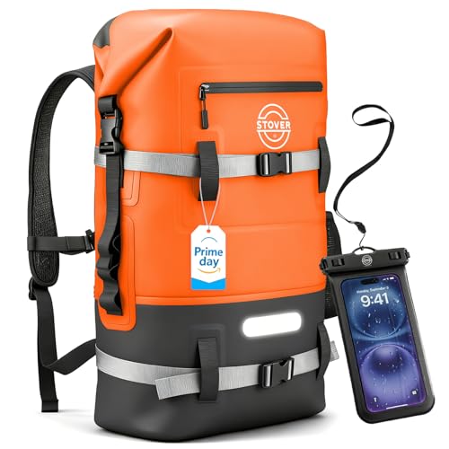 STOVER 5/10/25/30/40/55L Waterproof Dry Bag- Roll-Top Backpack w/Phone Case- Kayaking, Hiking, Camping, Boating- Men/Women - color: 40l Orange (With Phone Case), size: 40L