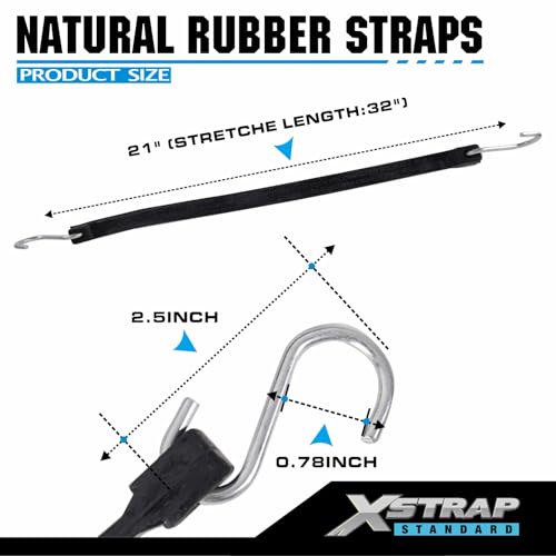 XSTRAP STANDARD 21" 100% EPDM Natural Rubber Tarp Straps, Black Long Bungee Cords with Metal S Hooks Tie Down Straps for Outdoor, Tarp Covers, Canvas Canopies, Motorcycle, and Cargo - 20 Pack - size: 21''