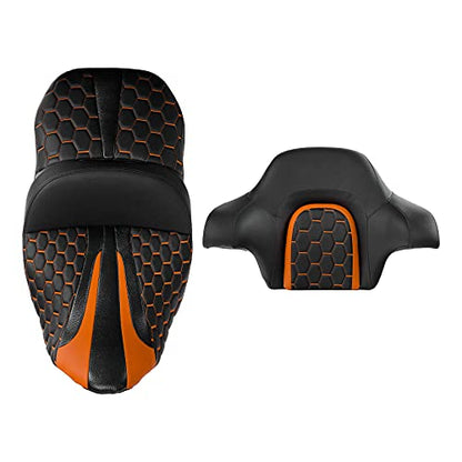 CC RIDER Gel Seat Driver Passenger Seat and King/Chopped Tour Trunk Backrest Fit For Harley Touring 2014-2023 Street Glide Road Glide Road King Electra Glide,Orange Hexagon - color: 23# Gel Orange+ 1 Backrest