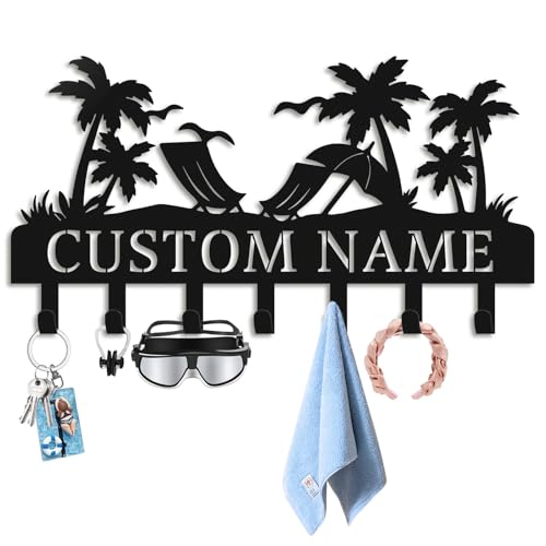 Personalized Key Holder for Wall, Custom Metal Key Hooks with Name | Rust-proof beach design rack for keys, hats, bags and leashes, with free hardware, ideal housewarming gift - color: Beach