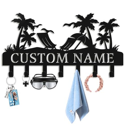 Personalized Key Holder for Wall, Custom Metal Key Hooks with Name | Rust-proof beach design rack for keys, hats, bags and leashes, with free hardware, ideal housewarming gift - color: Beach
