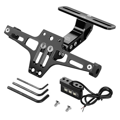 KEMIMOTO Universal Motorcycle License Plate Bracket with LED Light Fender Eliminator Kit CNC Aluminum Motorcycle Tail Tidy License Plate Holder Mount Black - color: Black