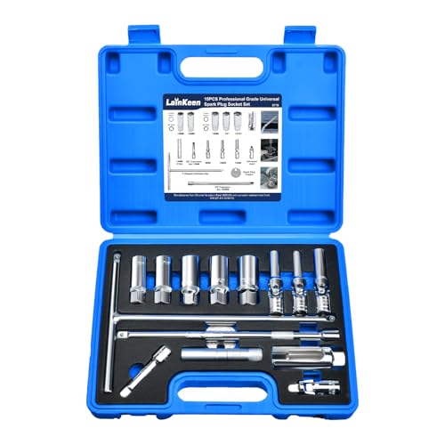 LainKeen Magnetic Spark Plug Socket Set 15PCS, CR-V Thin Wall Socket 3/4" 13/16" 14mm 16mm 18mm with T-Shaped Extension Bar, Universal Joint, Spark Plug Gapper, 8-12mm Glow Plug Removal Tool