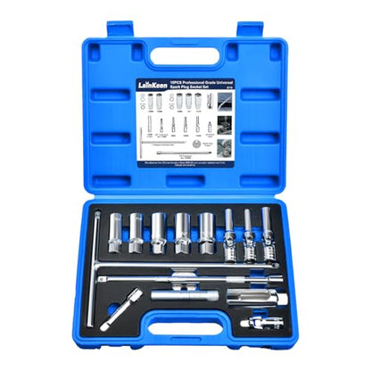 LainKeen Magnetic Spark Plug Socket Set 15PCS, CR-V Thin Wall Socket 3/4" 13/16" 14mm 16mm 18mm with T-Shaped Extension Bar, Universal Joint, Spark Plug Gapper, 8-12mm Glow Plug Removal Tool
