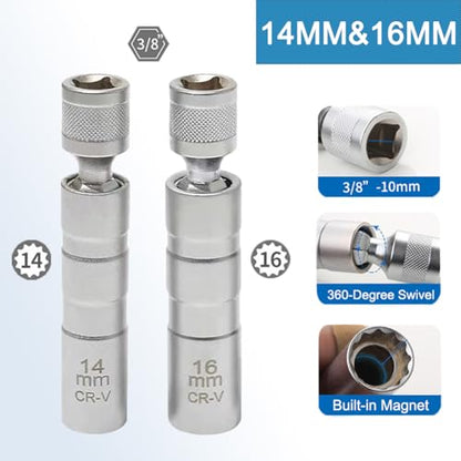 Resze 2PC 14mm&16mm （9/16"&5/8"） Magnetic Swivel Spark Plug Socket,Thin Wall 12 Points 3/8" Drive Spark Plug Socket,Car Tools,Magnetic Rotating,360-Degree Swivel,Suitable for Most Motorcycle,Car,SUV - size: Short 2PC（14+16mm）
