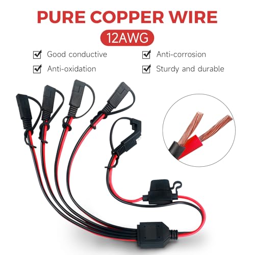14AWG SAE Y Splitter Cable, 1 to 4 Way SAE Extension Cord with Fuse | DC Power Automotive Connector Adapter, Heavy Duty Quick Disconnect Wire,For RV Truck Motorcycle Solar Battery Transfer - size: 14AWG with Fuse
