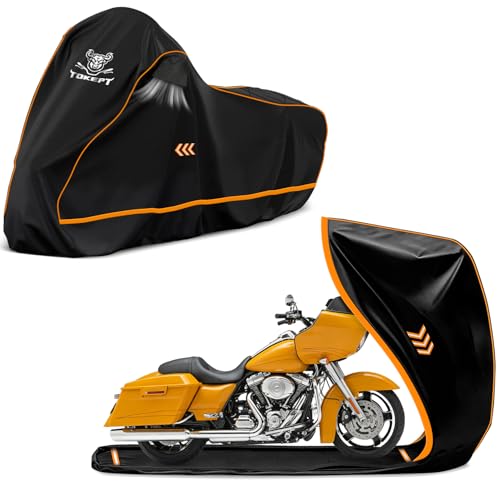 Full Enclosed Motorcycle Cover, 600D Heavy Duty Motorcycle Cover Waterproof with Reflective Strips & Vents, Fits 108" Cruiser, Dirtbike & Touring Motorcycles (Black) - size: 108"-XXXL