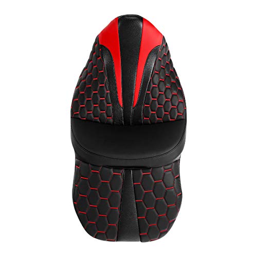 C.C. RIDER Leather Driver Passenger Seat - Bagger Comb Strapped 2-Up One-Piece Fit for Harley Touring Road King FLHR Street Glide FLHX Road Glide FLTRX Electra Glide FLHT 2009-2023 - color: Black+Red