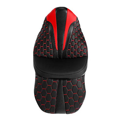 C.C. RIDER Leather Driver Passenger Seat - Bagger Comb Strapped 2-Up One-Piece Fit for Harley Touring Road King FLHR Street Glide FLHX Road Glide FLTRX Electra Glide FLHT 2009-2023 - color: Black+Red