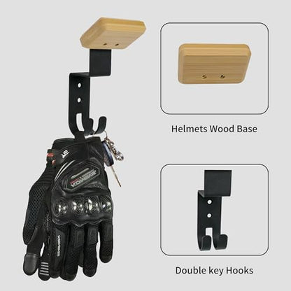 2-Pack Helmet Holder Wall Mount, Helmet Hanger,Motorcycle Gear Rack with 2 Key Hooks, Constructed with Solid Wood & Strong Steel for Bike Tactical Gear Baseball Football Skiing Helmet