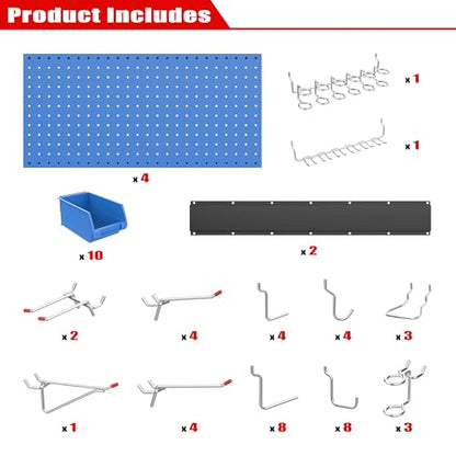 Ultrawall Pegboard Wall Organizer, Blue Metal Peg board Panels, Garage Storage System with Hooks and Storage Bins, 59pcs - color: Blue