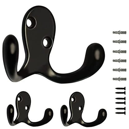 3 Pack Black Double Prong Coats Towel Hooks For Bathrooms Wall Mounted Shower Rustproof, 1.37 Oz Retro Wall Hooks Heavy Duty Hanging Towels Coat Hat Loofah Robe Key Scarf Bag Cap Kitchen Accessories