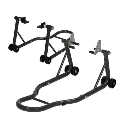 Motorcycle Front & Rear Stand Combo, Universal Wheel Lift Paddock Stand with Prong Adapters+L Adjustable Swingarm Spool, 900 LB Capacity Heavy Duty for Most Bikes,Black - color: Black