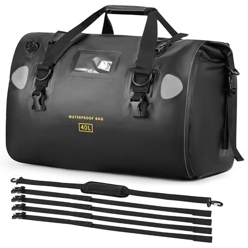 HOMIEE 40L Waterproof Duffel Bag, Waterproof Motorcycle Dry Travel Bag Tail Bag with Roll Top Closure & Shoulder Straps Outer Mesh Zipper Pocket for Camping, Kayaking, Fishing & Traveling - color: Black