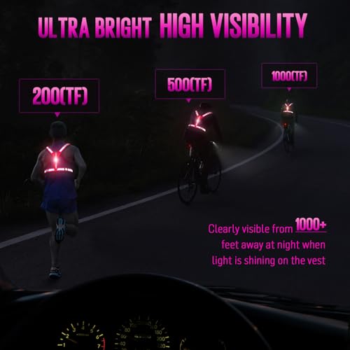 LED Rechargeable Reflective Vest with 11hrs Runtime, Light Up Safety Gear for Night Running Walking Cycling, USB Rechargeable - color: Pink
