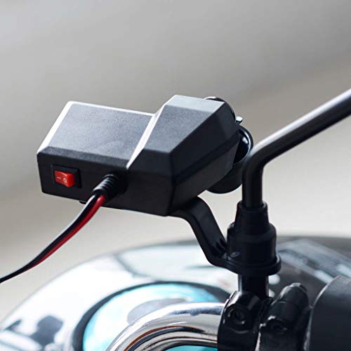 12V 2.1A Motorcycle Dual USB Phone Charger with ON Off Switch & LED Voltmeter & Cigarette Lighter, Motorcycle Handlebar Clamp, Waterproof
