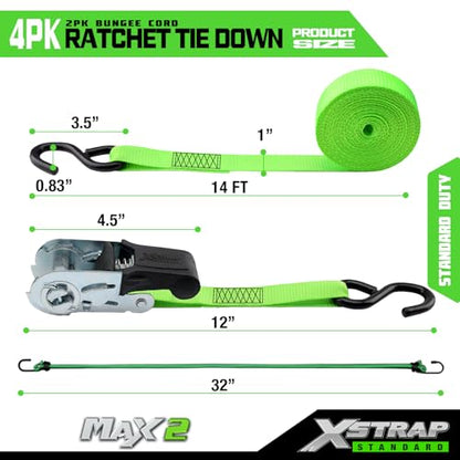 XSTRAP STANDARD 4 Pack 1" x 15Ft Ratchet Tie Down Straps - 500Lbs Load Cap, 1500Lb Break Strength, Includes 2 Bungee Cords for Moving Appliances & Motorcycle, Green - style: 4pk 1inchx15ft 1500lbs green with 2 Bungee Cord